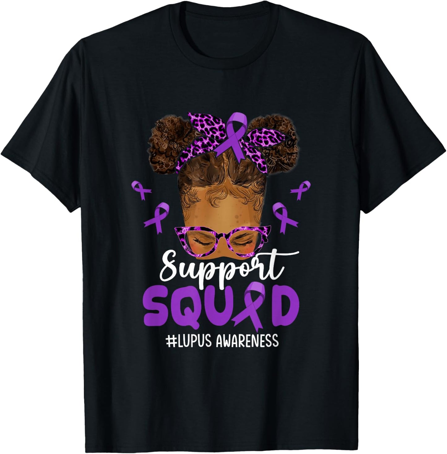 Support-Squad Afro Messy Bun Leopard Lupus Awareness T-Shirt - T-Shirt | Black