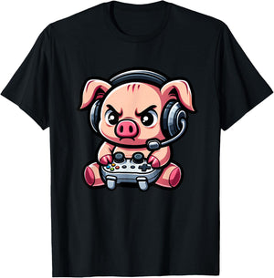 Cute Pig Funny Gamer Video Games Boys Girls Kids T-Shirt - T-Shirt | Black