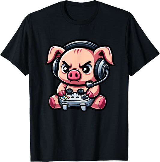 Cute Pig Funny Gamer Video Games Boys Girls Kids T-Shirt - T-Shirt | Black