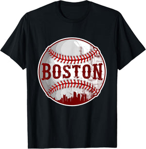 Boston Cityscape Funny Baseball Lover Men Women Kids T-Shirt - T-Shirt | Black