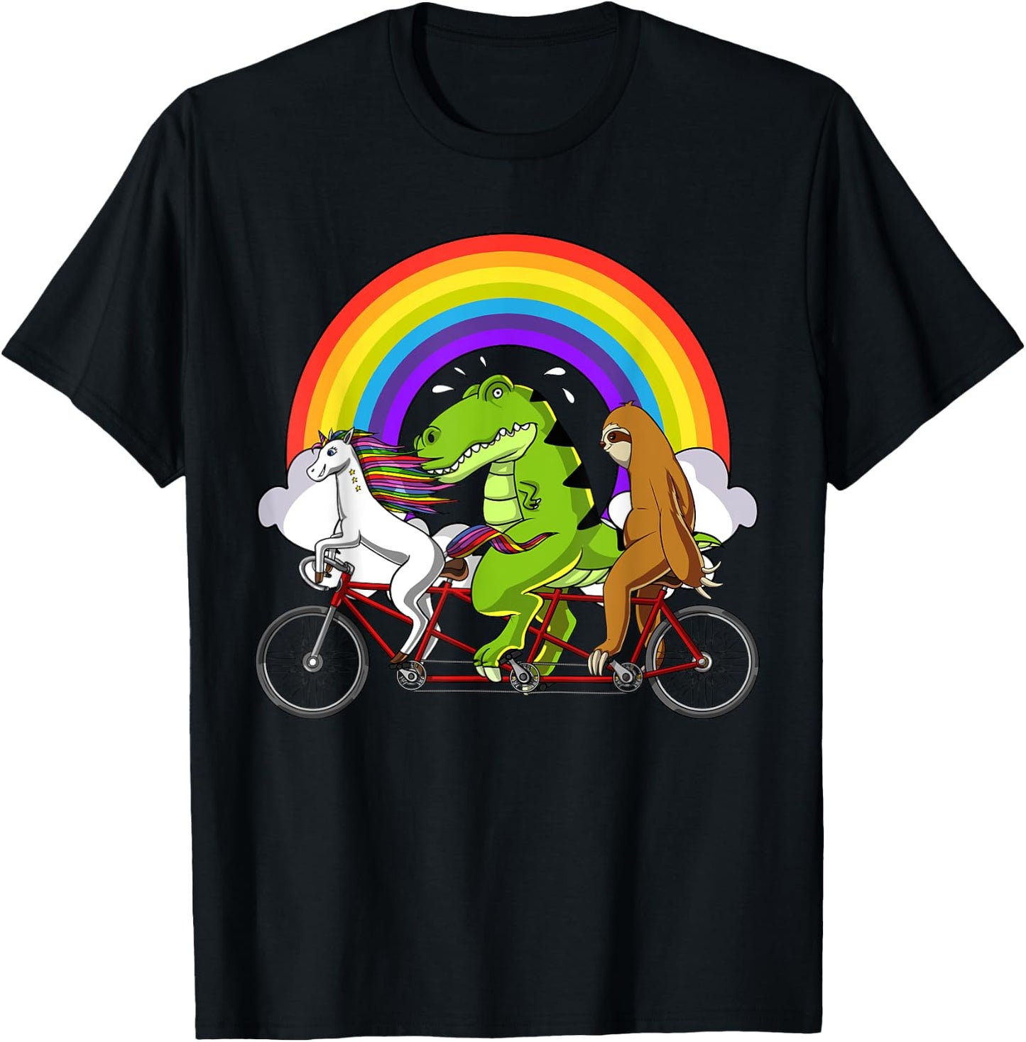Unicorn T-Rex Dinosaur Sloth Riding Bicycle Rainbow Party T-Shirt - T-Shirt | Black