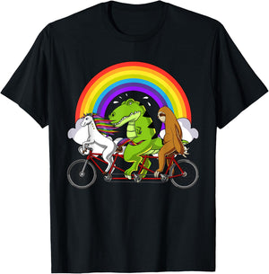 Unicorn T-Rex Dinosaur Sloth Riding Bicycle Rainbow Party T-Shirt - T-Shirt | Black