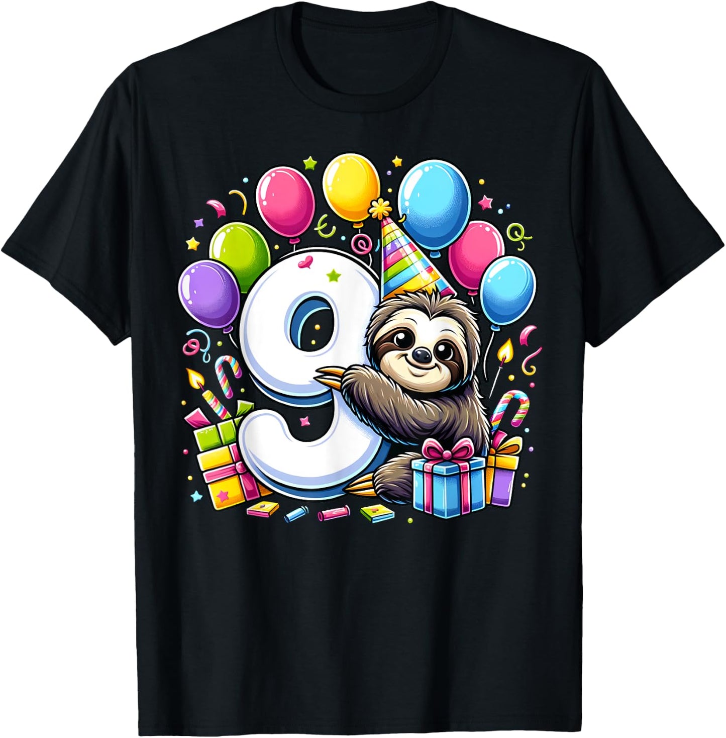 Kids Sloth Theme ninth Bday Party 9th Sloth Birthday T-Shirt - T-Shirt | Black