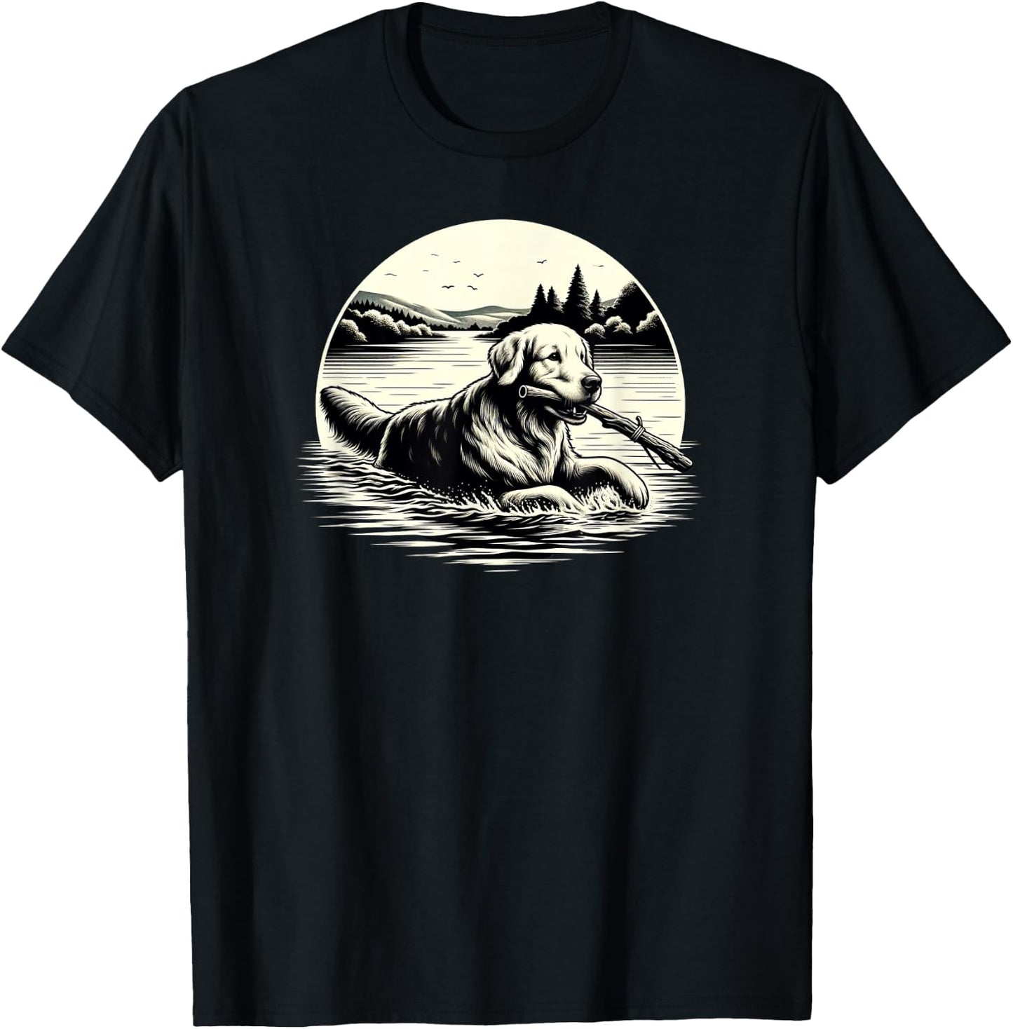 Golden Retriever Lake Retrieval Scene T-Shirt - T-Shirt | Black