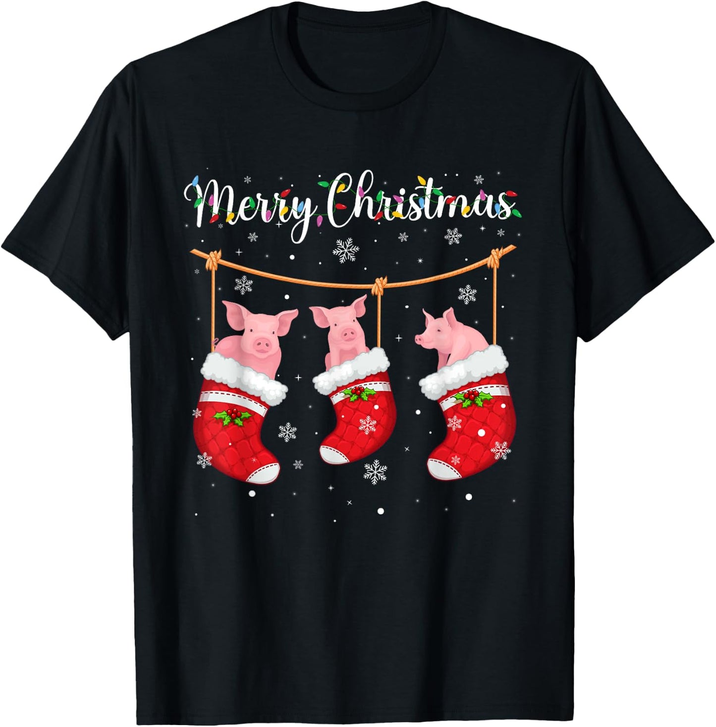 Pig in Xmas Socks Funny Holiday Ugly Sweater Christmas T-Shirt - T-Shirt | Black