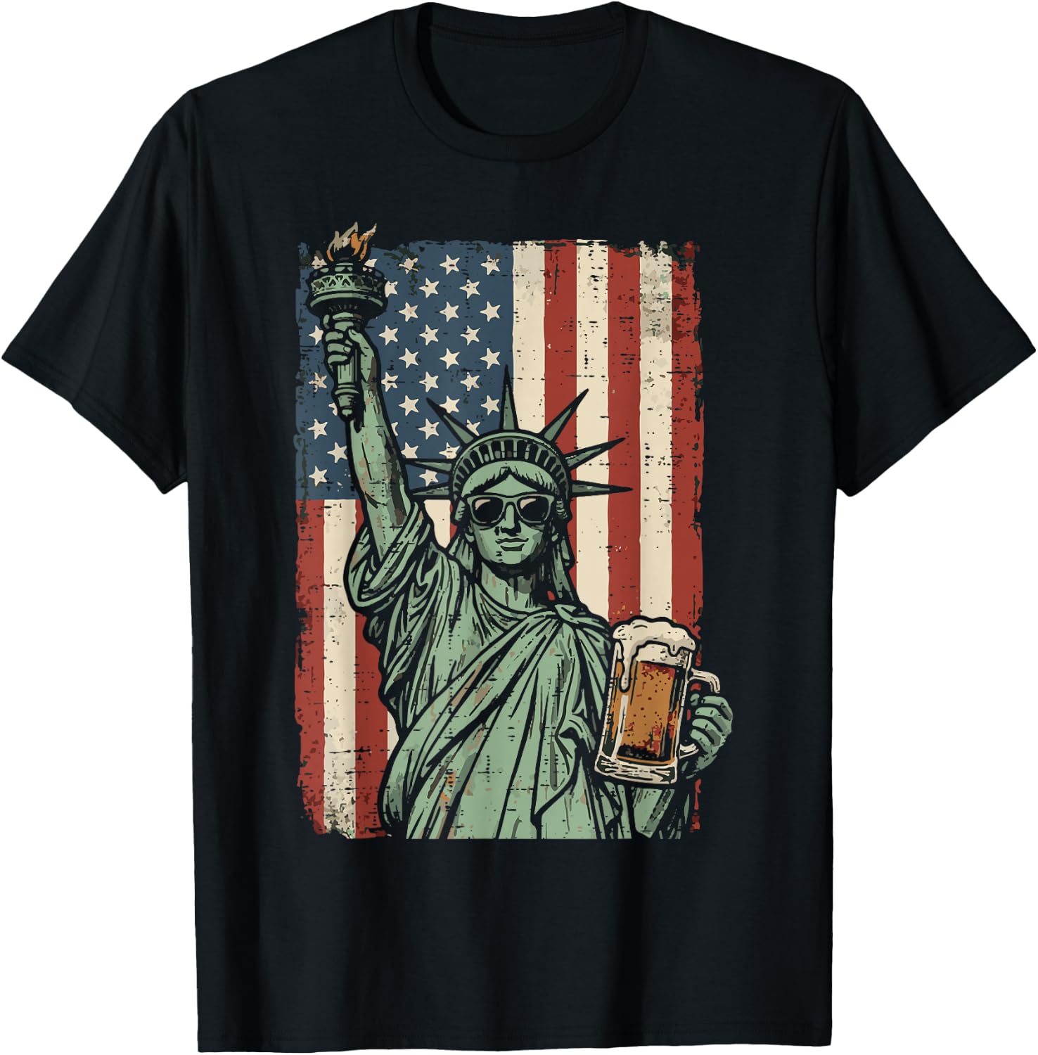 4th of July Statue Liberty US Flag Patriotic Dad Men Women T-Shirt - T-Shirt | Black