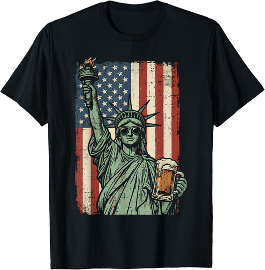 4th of July Statue Liberty US Flag Patriotic Dad Men Women T-Shirt - T-Shirt | Black