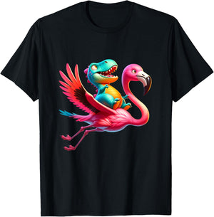 Cute T-Rex Dinosaur flying on a Flamingo Funny T-Shirt - T-Shirt | Black