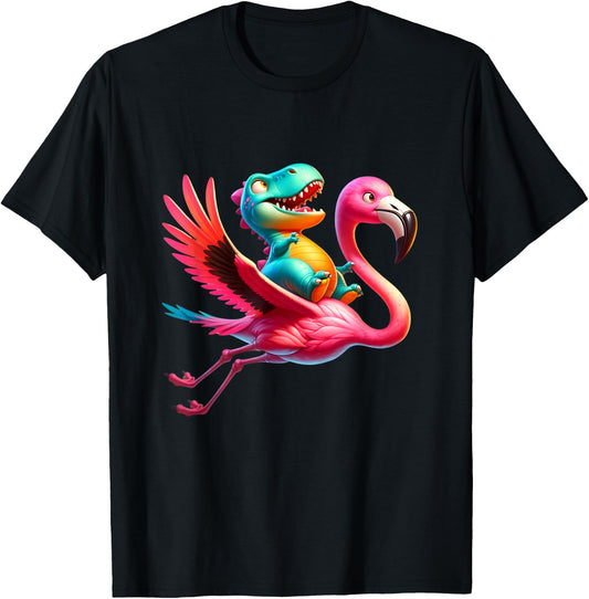 Cute T-Rex Dinosaur flying on a Flamingo Funny T-Shirt - T-Shirt | Black