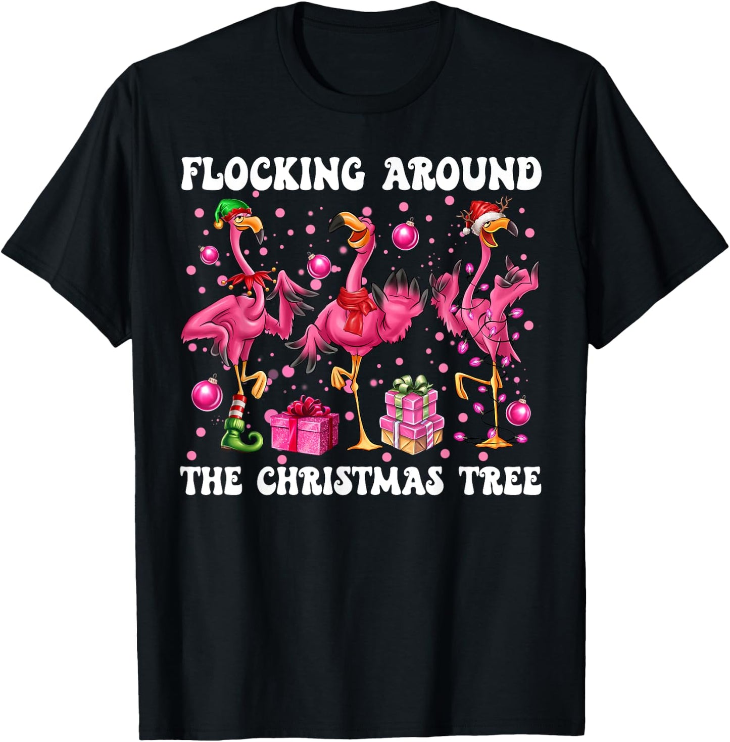 Flocking Around The Christmas Tree Flamingo Christmas Crew T-Shirt - T-Shirt | Black