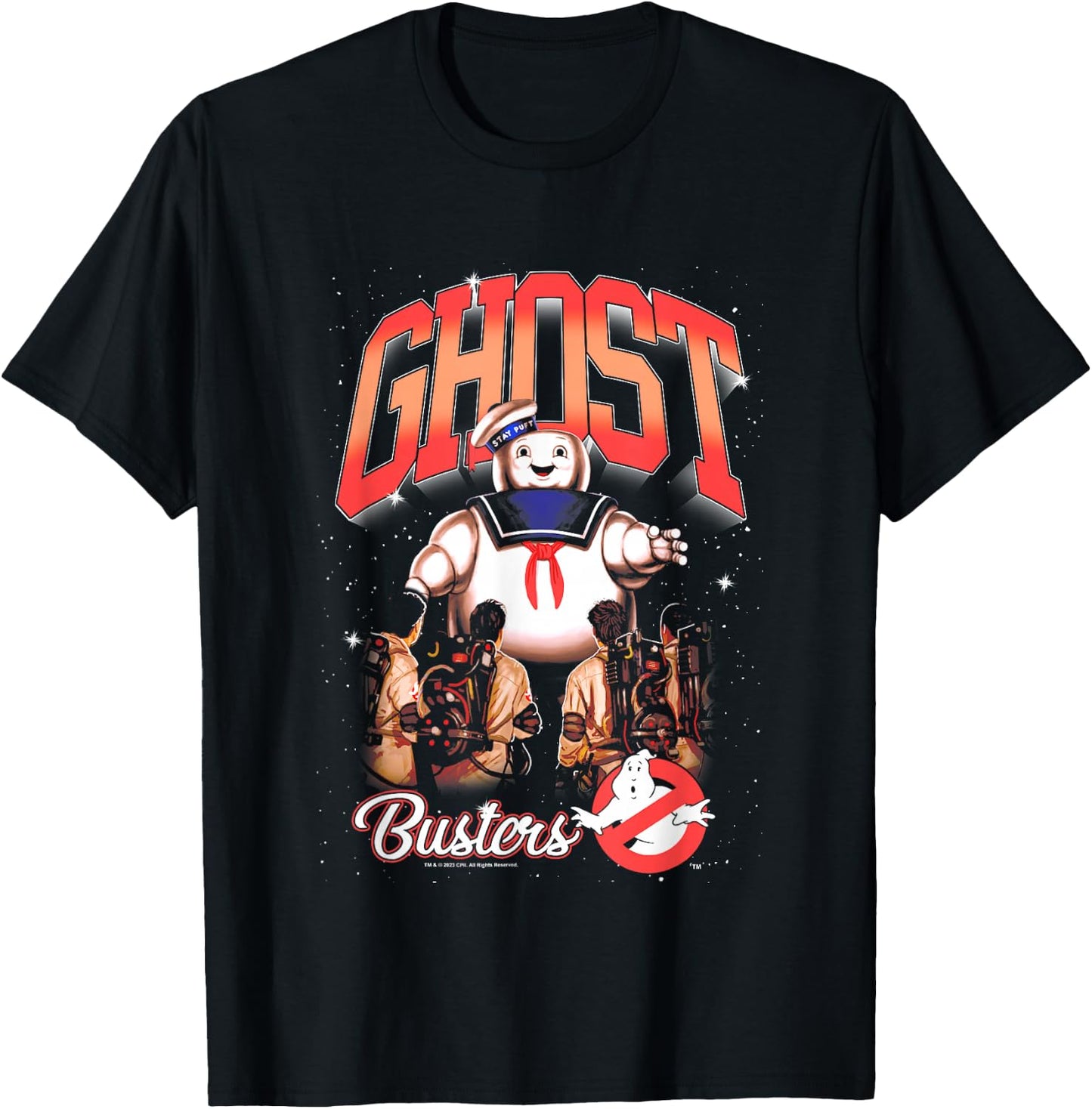 Ghostbusters Cute Stay Puft Loom Group Shot Retro Big Logo T-Shirt - T-Shirt | Black