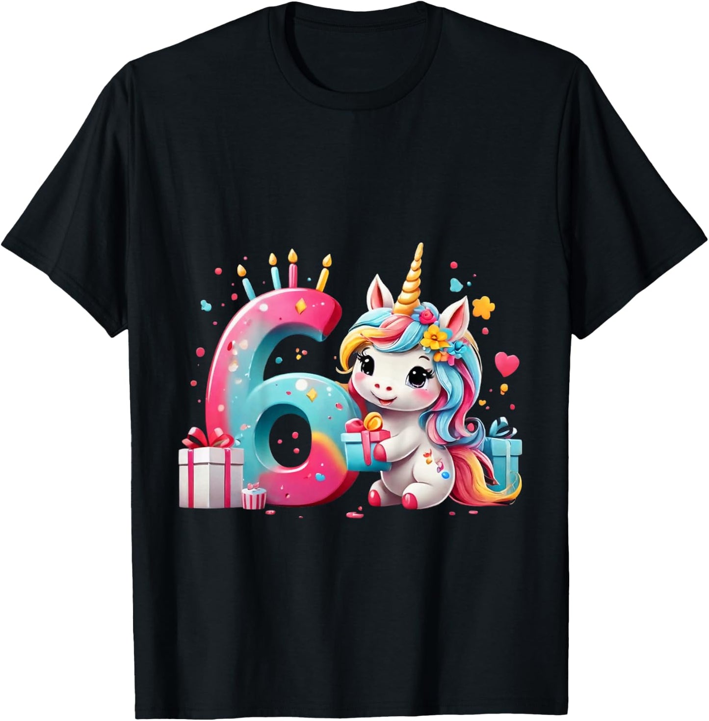 Children's Number 6 Years Girls Unicorn 6th Birthday , black T-Shirt - T-Shirt | Black