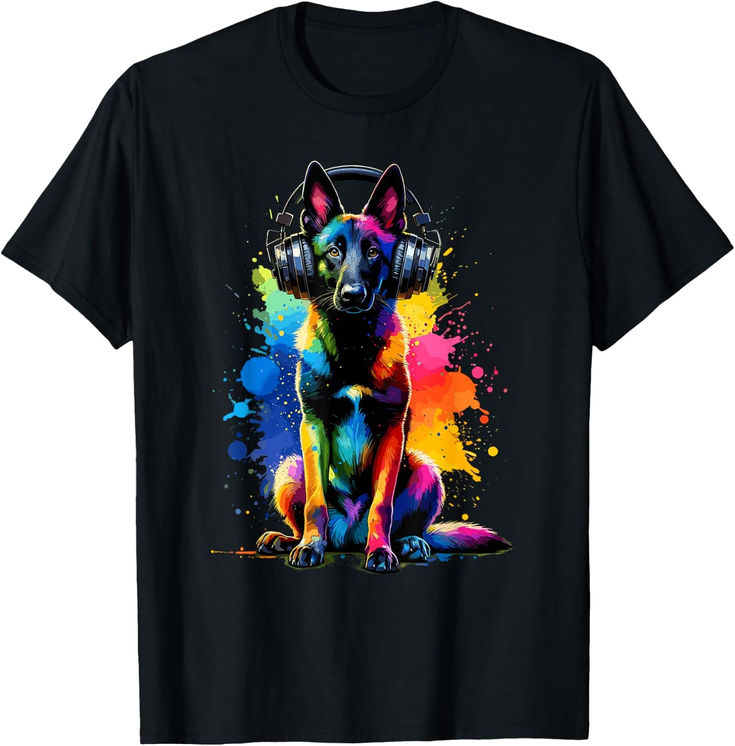 Splash Art Headphones Belgian Malinois Belgian Shepherd Dog T-Shirt - T-Shirt | Black