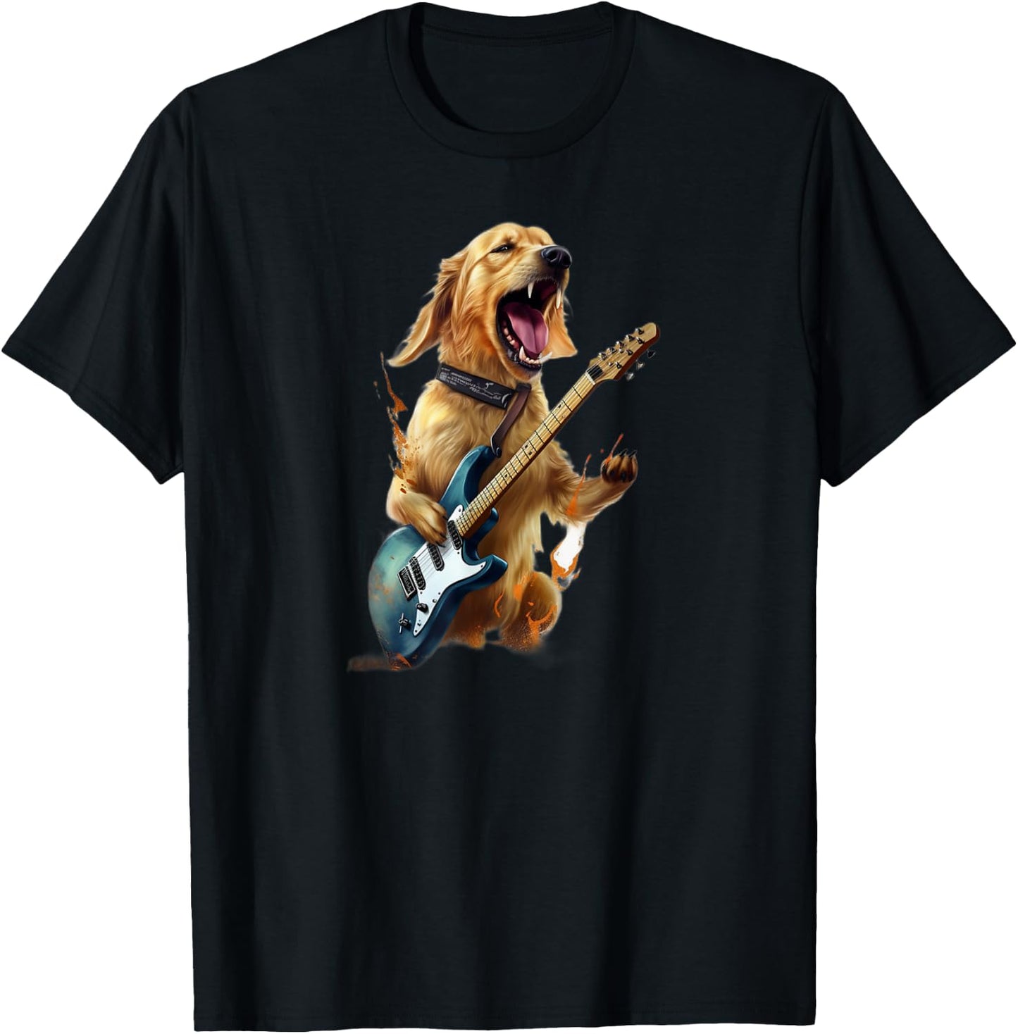 Golden Retriever Dog Playing On Electric Guitar T-Shirt - T-Shirt | Black
