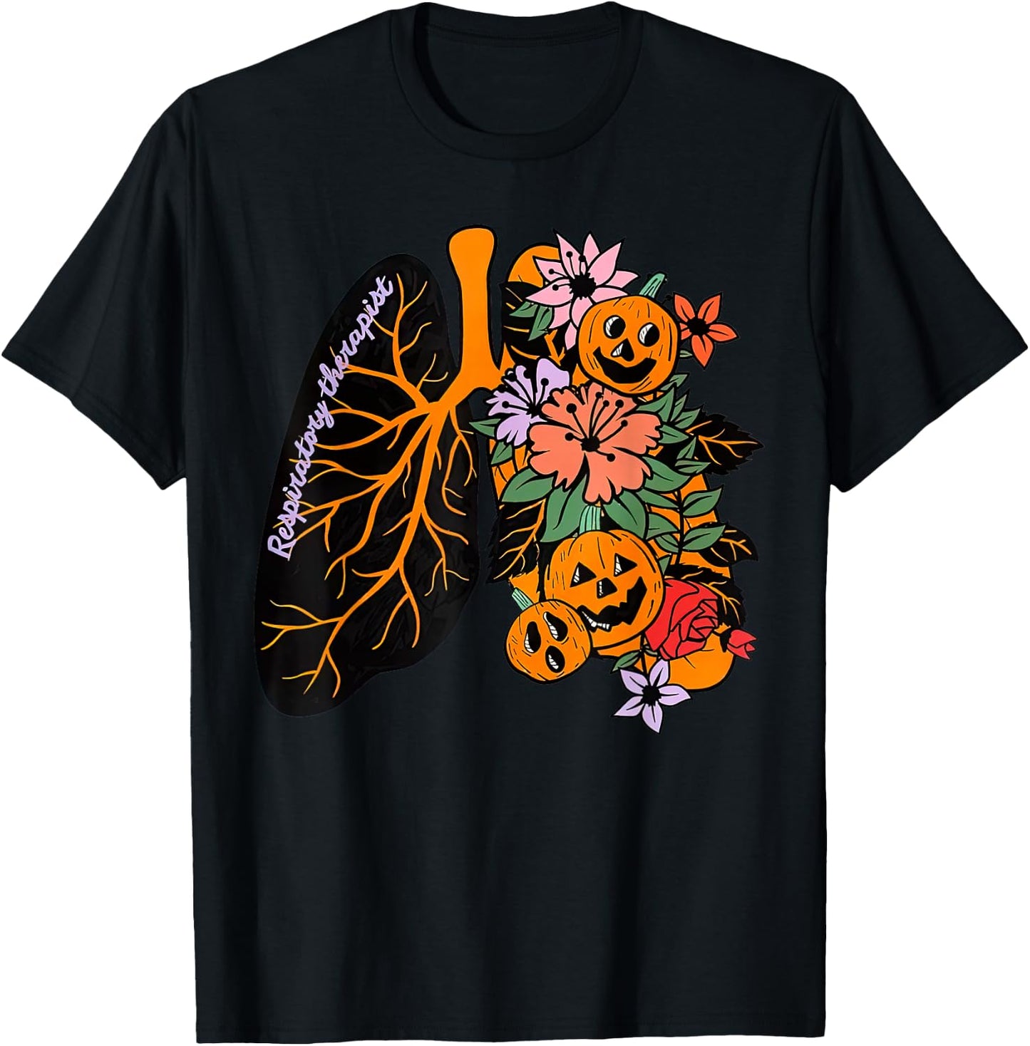 Respiratory Therapist RT Lung Floral Pumpkin Halloween T-Shirt - T-Shirt | Black