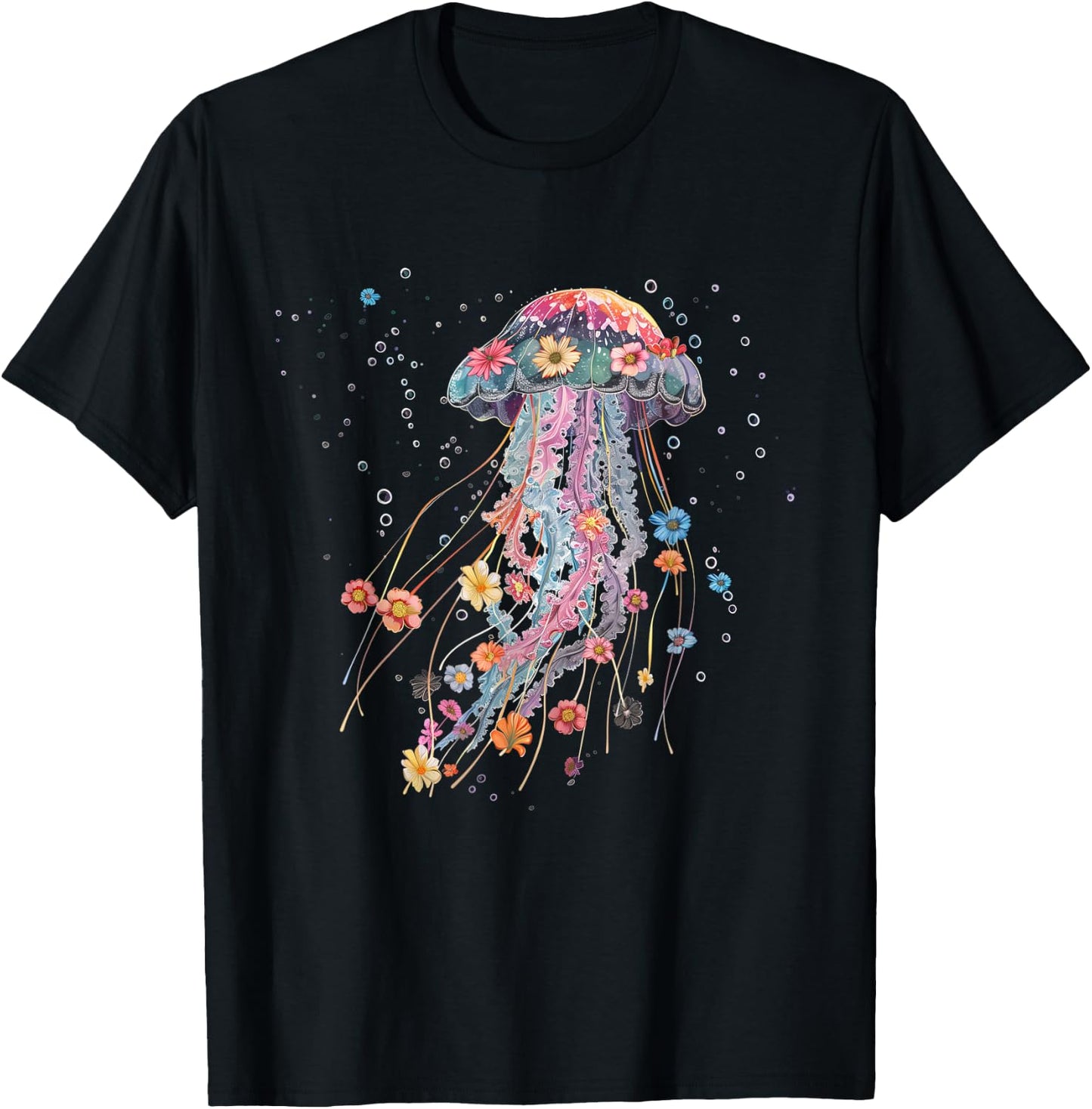 Jellyfish Flowers Vintage Floral Scuba Diving Surf T-Shirt - T-Shirt | Black