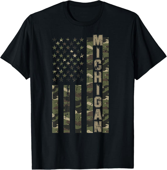 Michigan United States Distressed Camo w US Flag T-Shirt - T-Shirt | Black