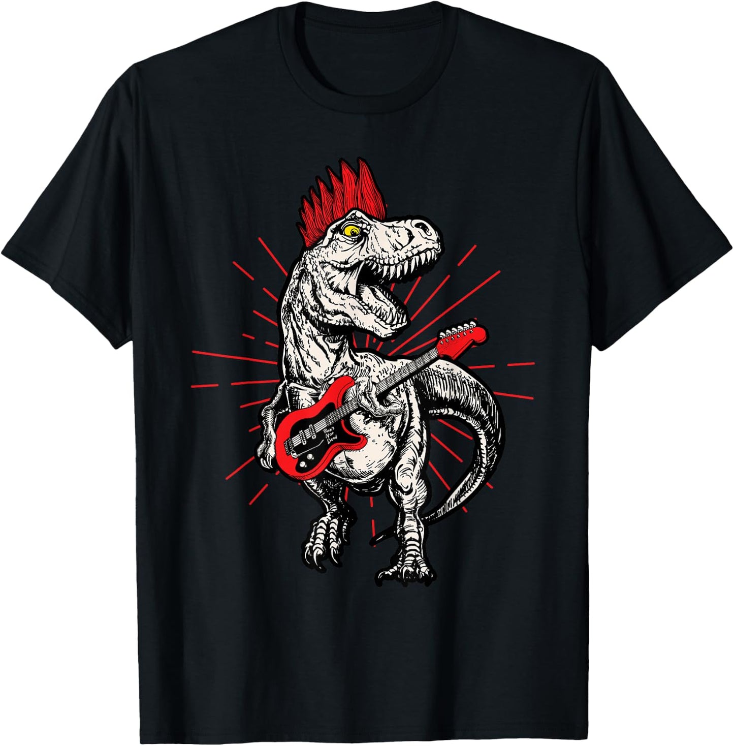 Punk Rock T-Rex Mohawk Playing Guitar Rock n' Roll Dinosaur T-Shirt - T-Shirt | Black