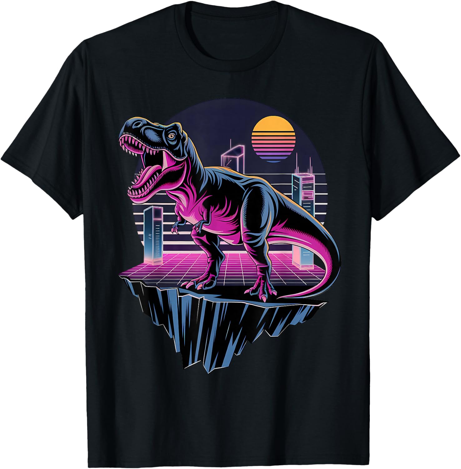 Electric Retro T-Rex Neon Dinosaur Aesthetic T-Shirt - T-Shirt | Black