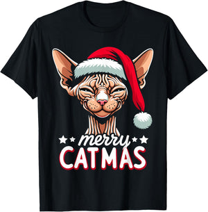 Christmas Sphynx Cat Merry Catmas Santa Hat Xmas T-Shirt - T-Shirt | Black