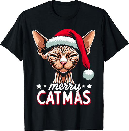 Christmas Sphynx Cat Merry Catmas Santa Hat Xmas T-Shirt - T-Shirt | Black