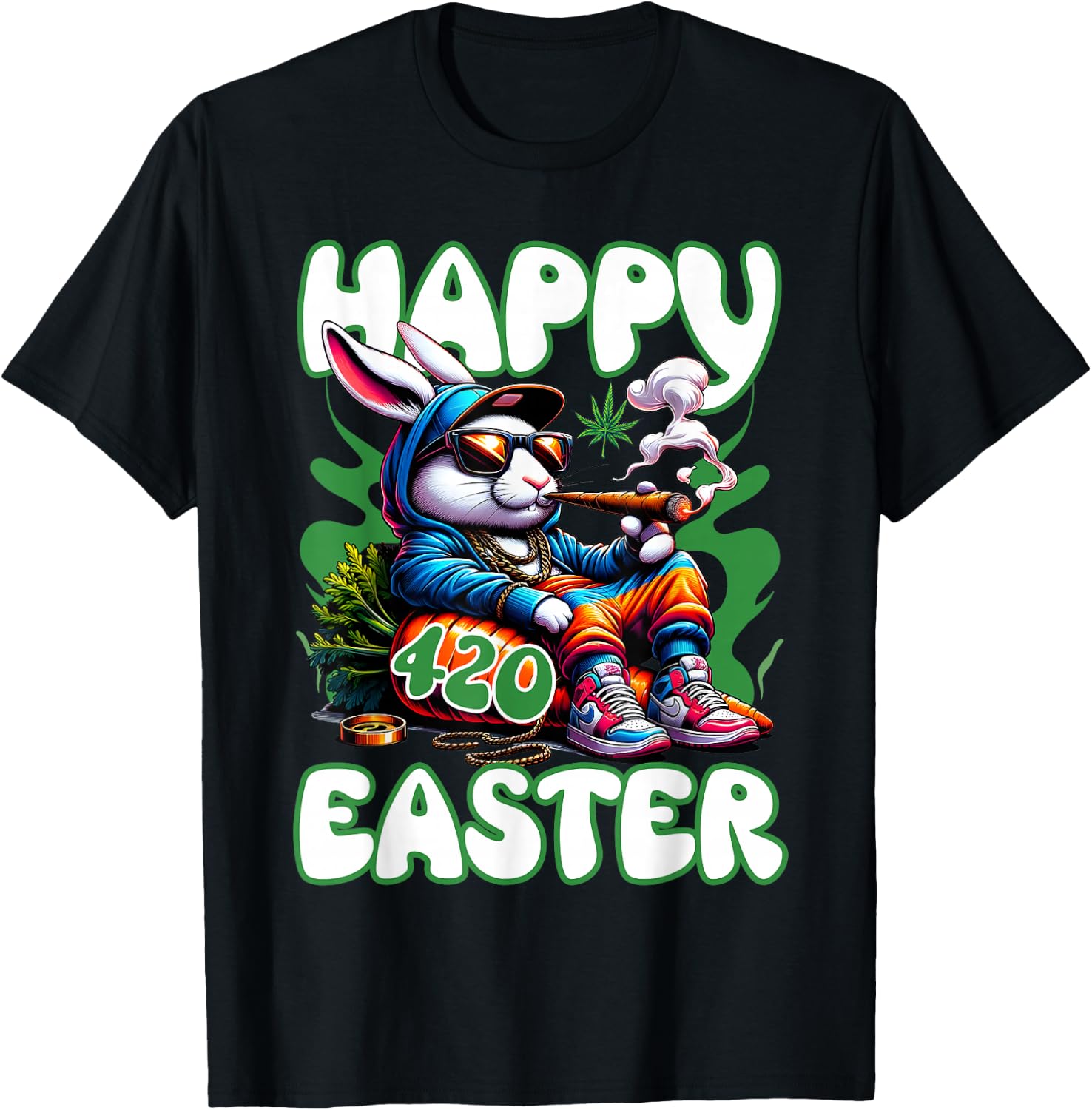 Happy 420 Easter Funny Smoking Easter Bunny Men Women T-Shirt - T-Shirt | Black
