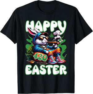 Happy 420 Easter Funny Smoking Easter Bunny Men Women T-Shirt - T-Shirt | Black
