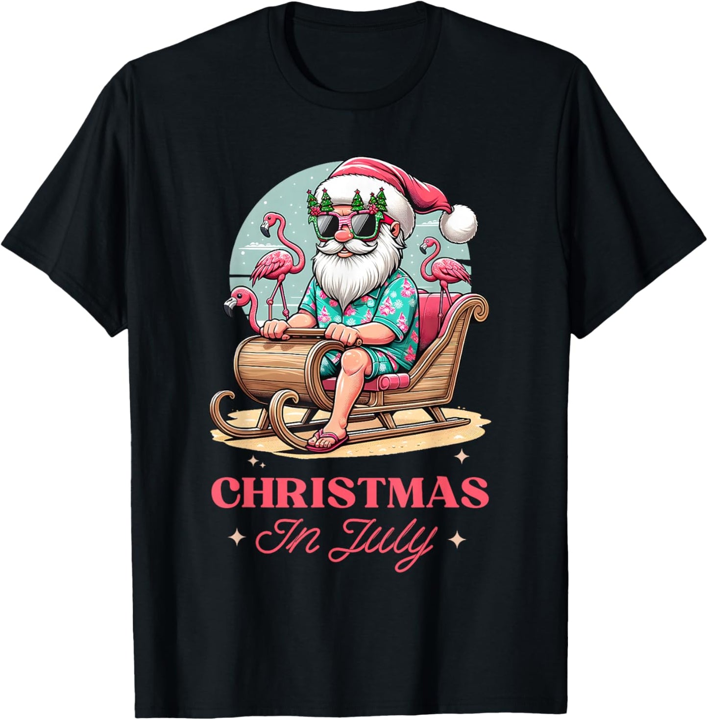 Fun Christmas in July Summer Santa Flamingo Sleigh Christmas , Black, S T-Shirt - T-Shirt | Black