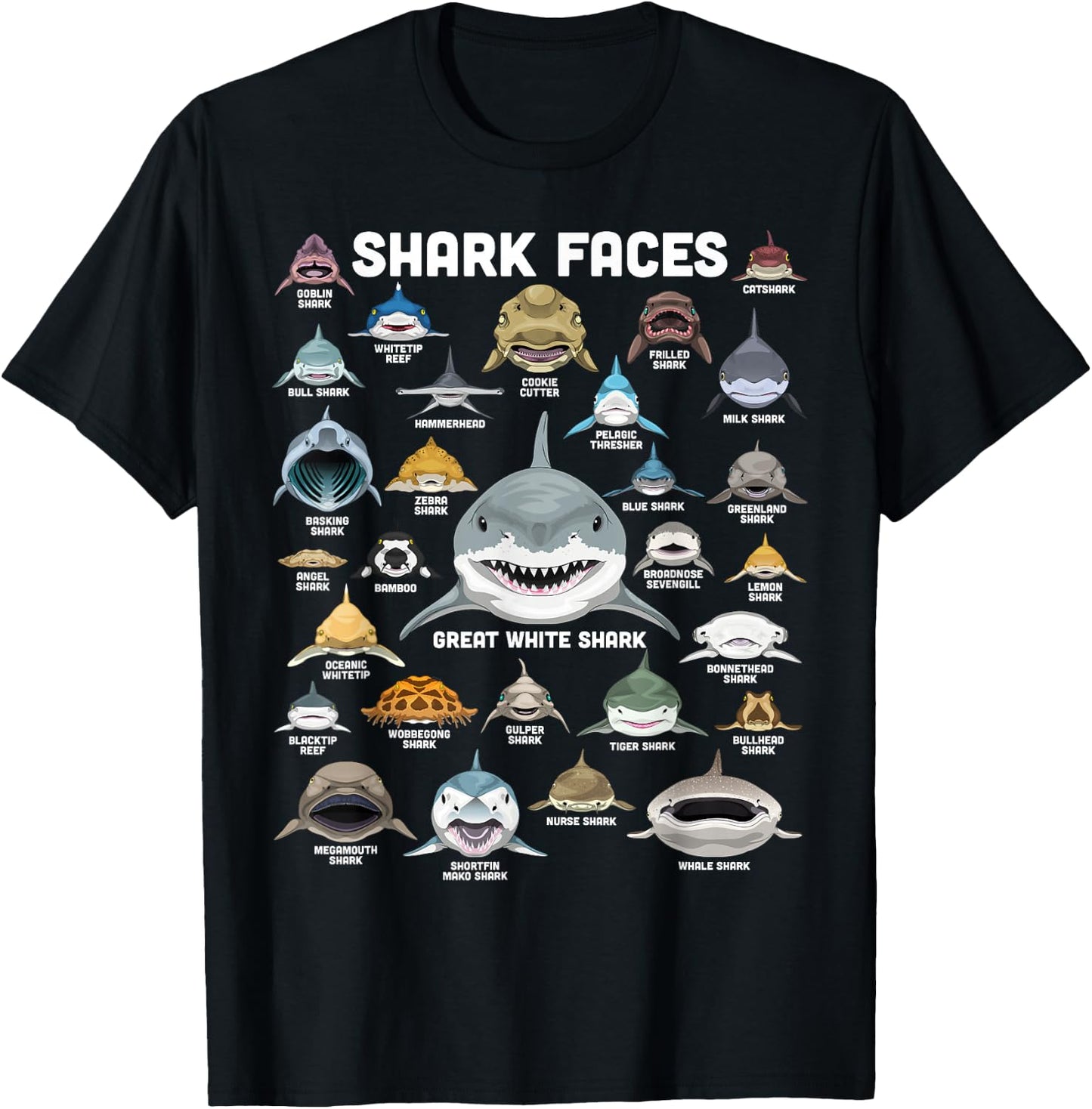 Shark Faces Shirt Shark Types Funny Biology Navy Shark , Black, S T-Shirt - T-Shirt | Black