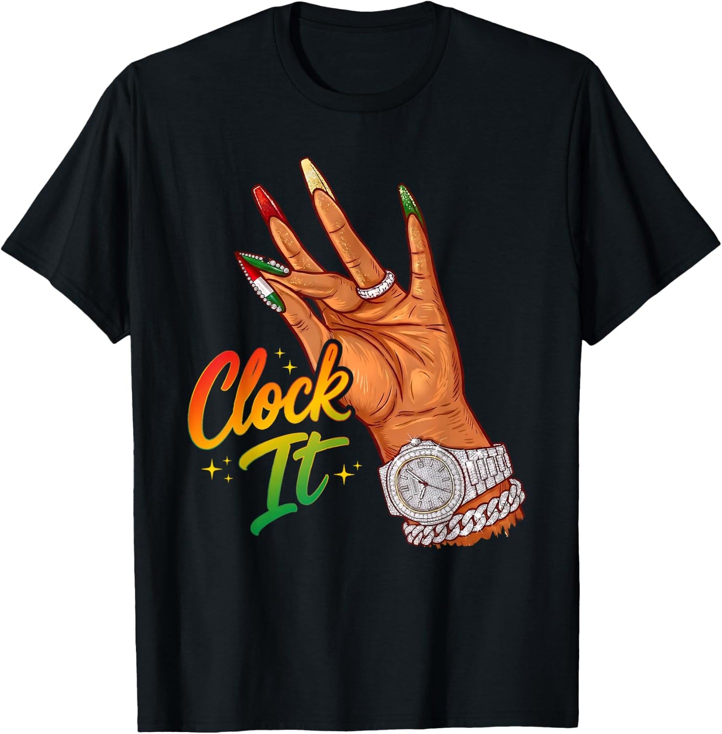 Striped Juneteenth Black Girl Clock It Afro Queen Melanin T-Shirt - T-Shirt | Black