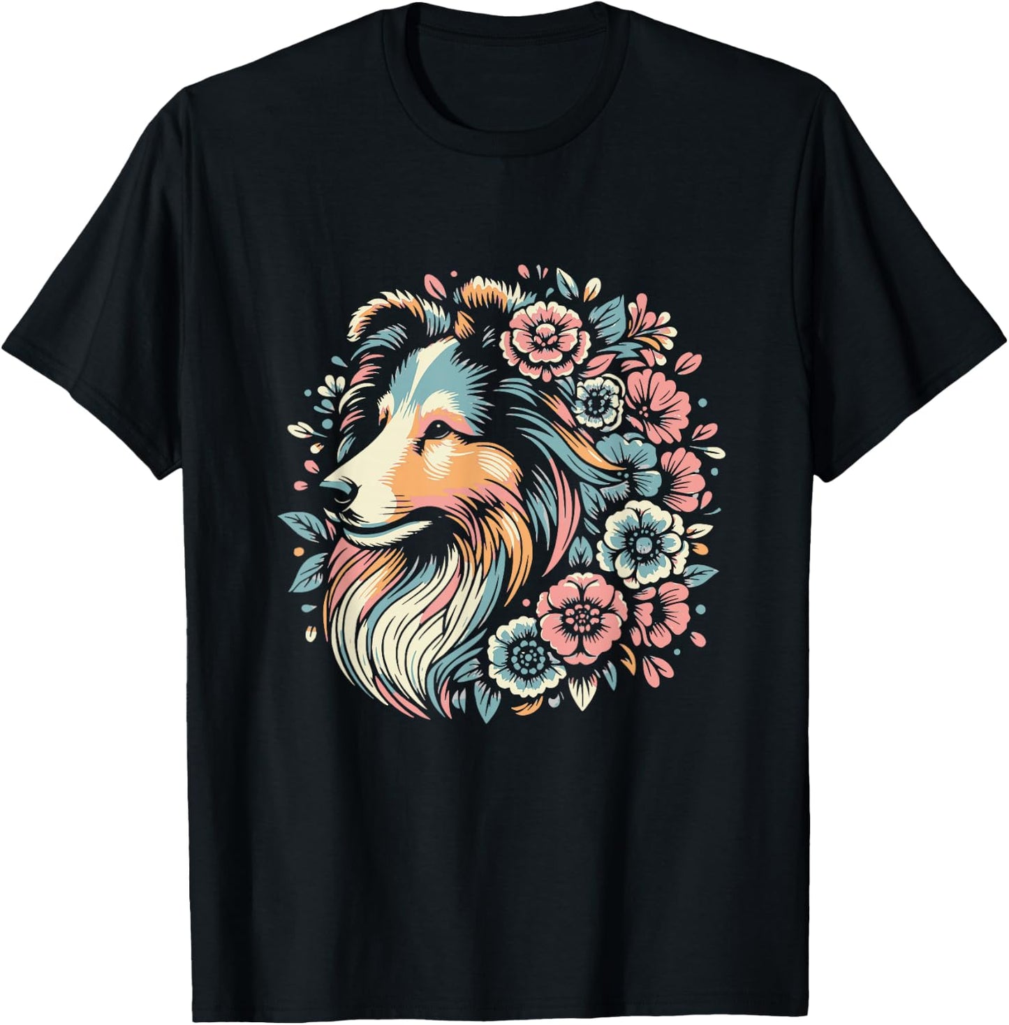 Floral Shetland Sheepdog Dog Flower Sheltie Graphic Design T-Shirt - T-Shirt | Black
