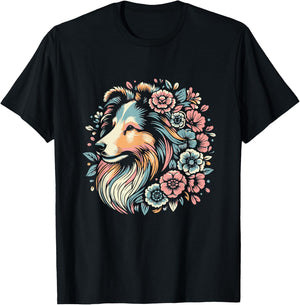Floral Shetland Sheepdog Dog Flower Sheltie Graphic Design T-Shirt - T-Shirt | Black