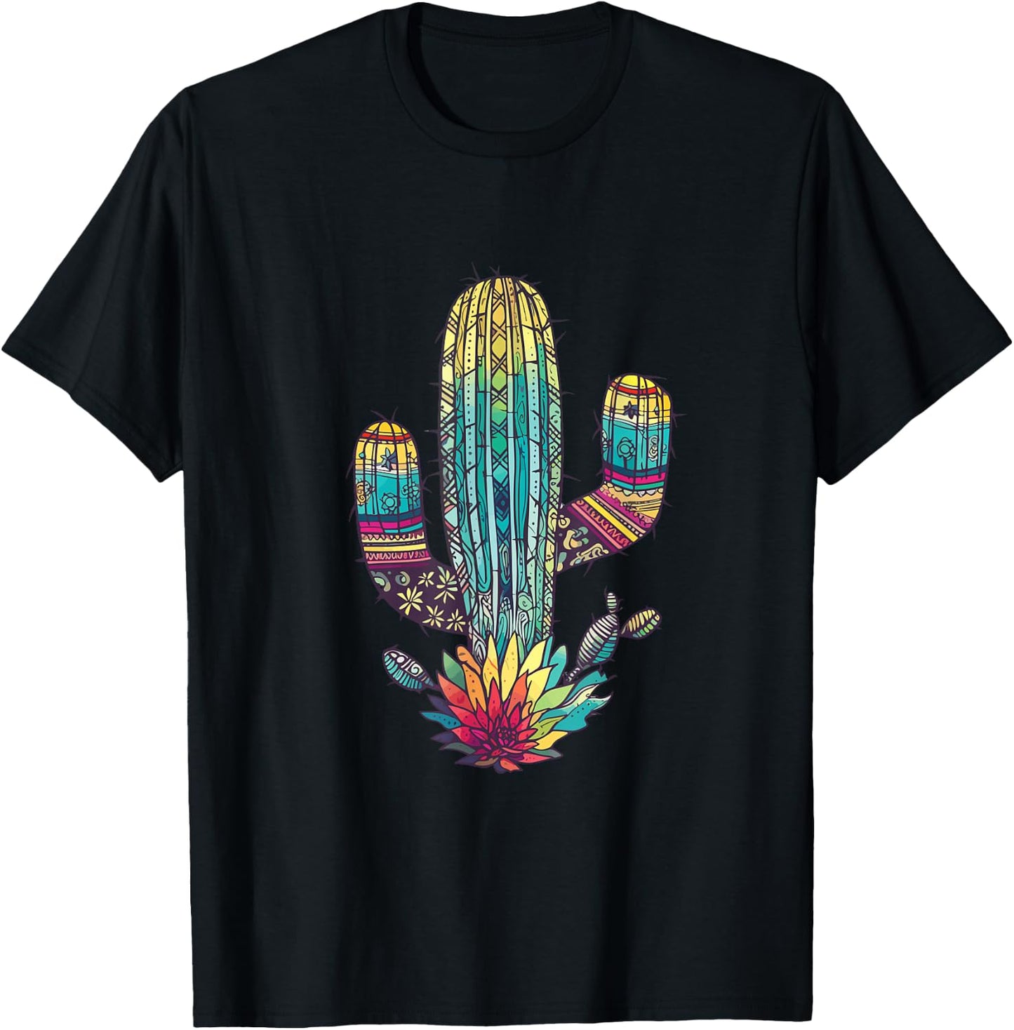 Serape Cactus Print Turquoise Western Saguaro Cactus T-Shirt - T-Shirt | Black