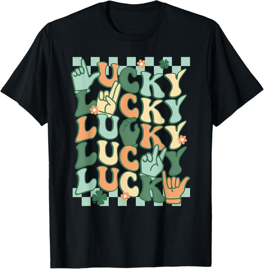Lucky St Patrick's Day ASL Sign Language Deaf Groovy Irish T-Shirt - T-Shirt | Black