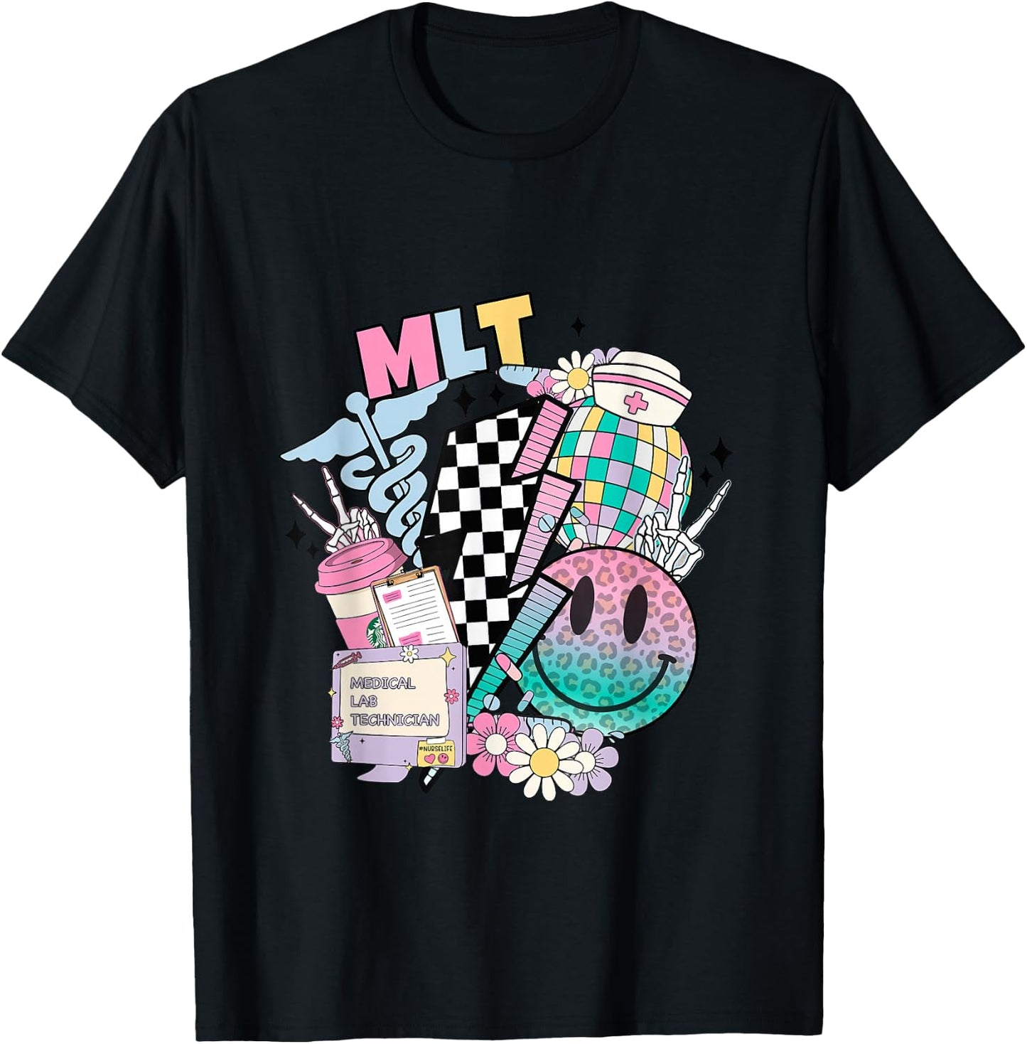 Smile face MLT Medical Laboratory Technician Stethoscope T-Shirt - T-Shirt | Black