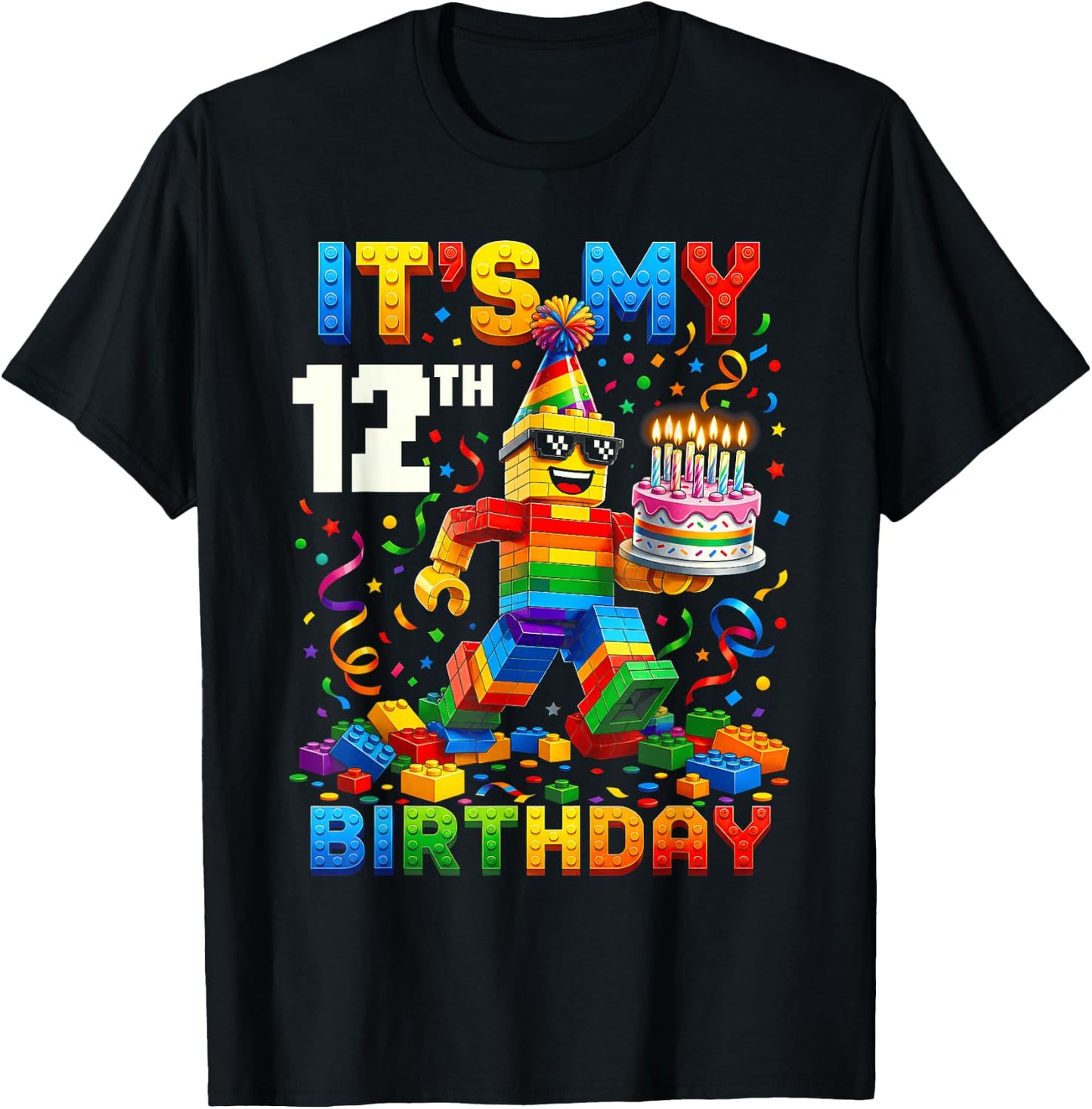 It's My 12th Birthday Building Brick 12 Years Old Kids Boys T-Shirt - T-Shirt | Black