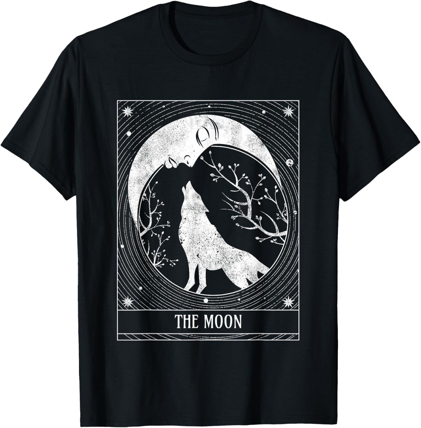 Distressed Crescent Moon and Wolf Tarot Card T-Shirt - T-Shirt | Black