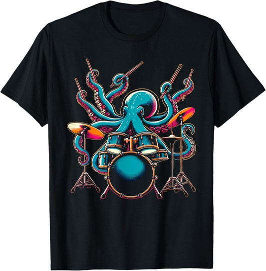 Octopus Drums Drummer Novelty Music Lover Funny Drummer , black T-Shirt - T-Shirt | Black