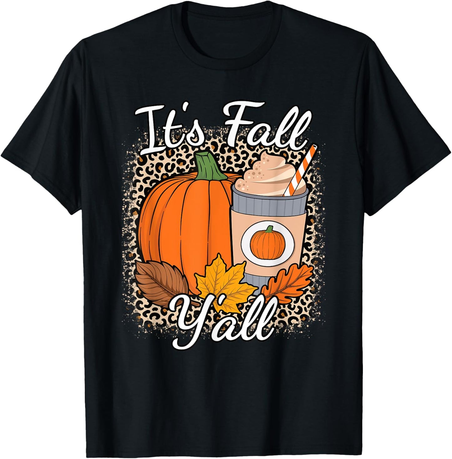 Its Fall Y'all Leopard Print Pumpkin Autumn Women Girls Kids T-Shirt - T-Shirt | Black