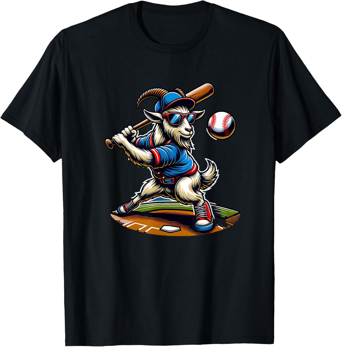 Goat Baseball Player With Bat And Ball Cool Animal Sports T-Shirt - T-Shirt | Black