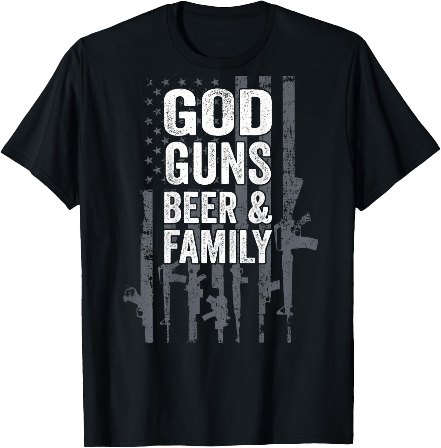GOD GUNS BEER & FAMILY - USA Flag Drinking Gift - ON BACK T-Shirt - T-Shirt | Black