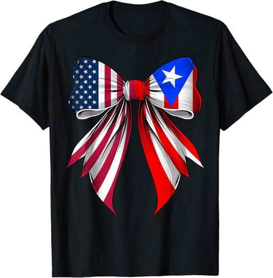 Coquette Bow Puerto Rico Roots Puerto Rican Pride US Flag T-Shirt - T-Shirt | Black