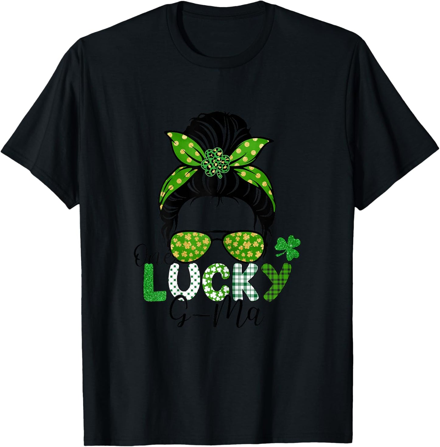 One Lucky G-Ma St Patricks Day Leopard Shamrock Messy Bun T-Shirt - T-Shirt | Black