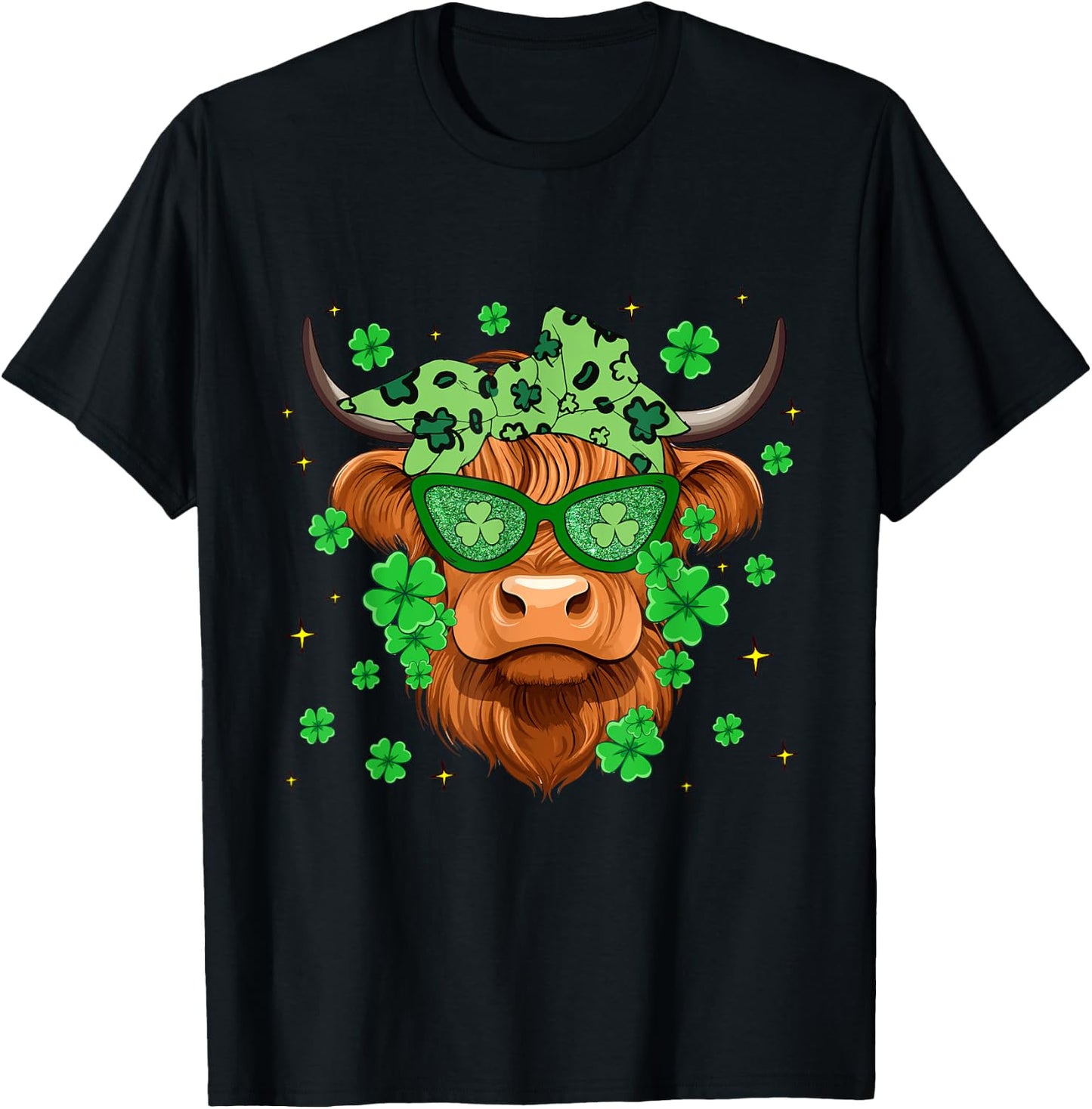 Scottish Highland Cow St Patricks Day Shamrock Irish Holiday T-Shirt - T-Shirt | Black