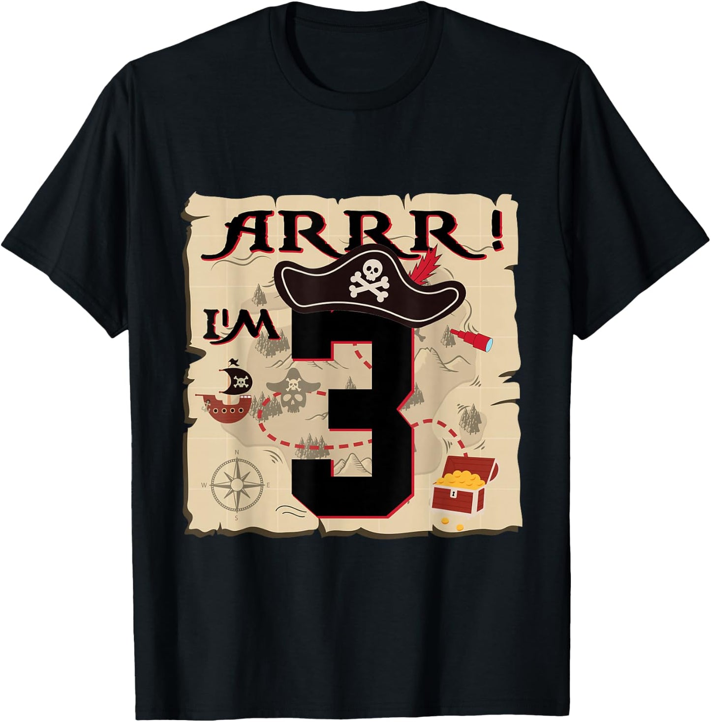 Arrr I'M 3 ARR Pirates Treasure Map 3rd Birthday Pirate T-Shirt - T-Shirt | Black