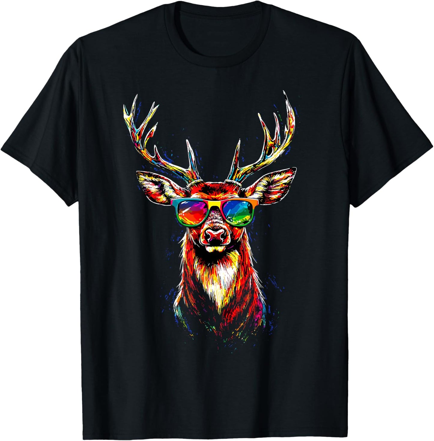 Deer with Sunglasses Antlers Hunting Deer Reindeer Red Deer , black, S T-Shirt - T-Shirt | Black