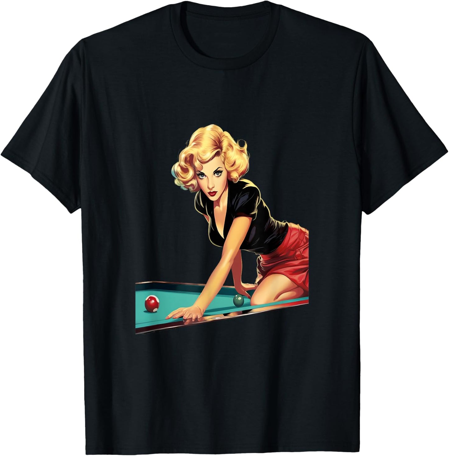 Pinup Girl Playing Billiard Pool Player Vintage T-Shirt - T-Shirt | Black