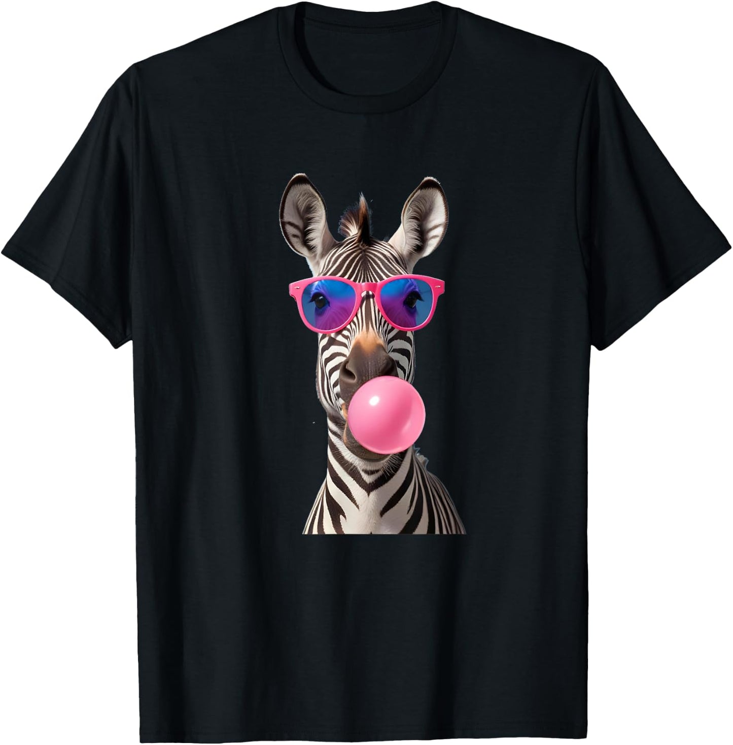 #snirt Funny Zebra Bubblegum Bubble Pink Sunglasses , black T-Shirt - T-Shirt | Black