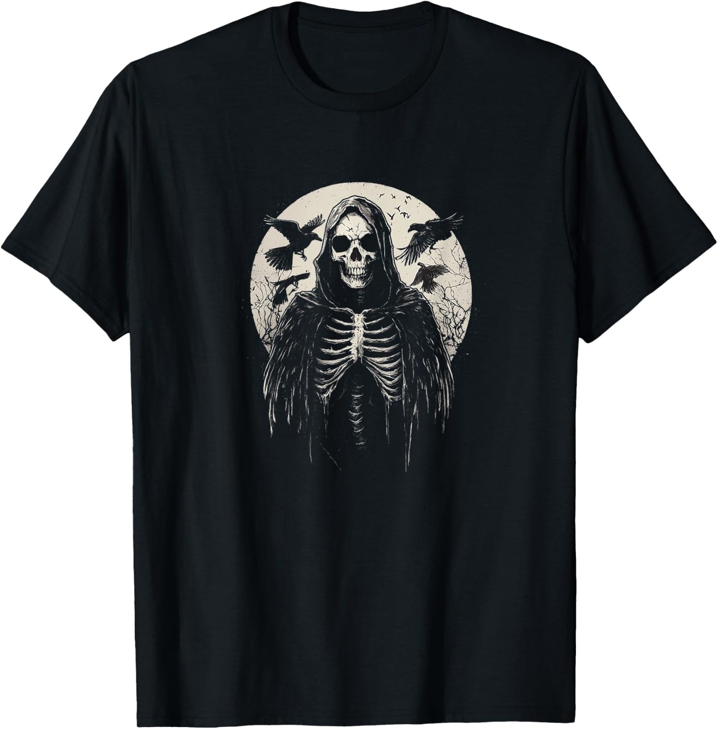 Black Gothic Raven Hooded Skeleton Graphic Gothic Style T-Shirt - T-Shirt | Black