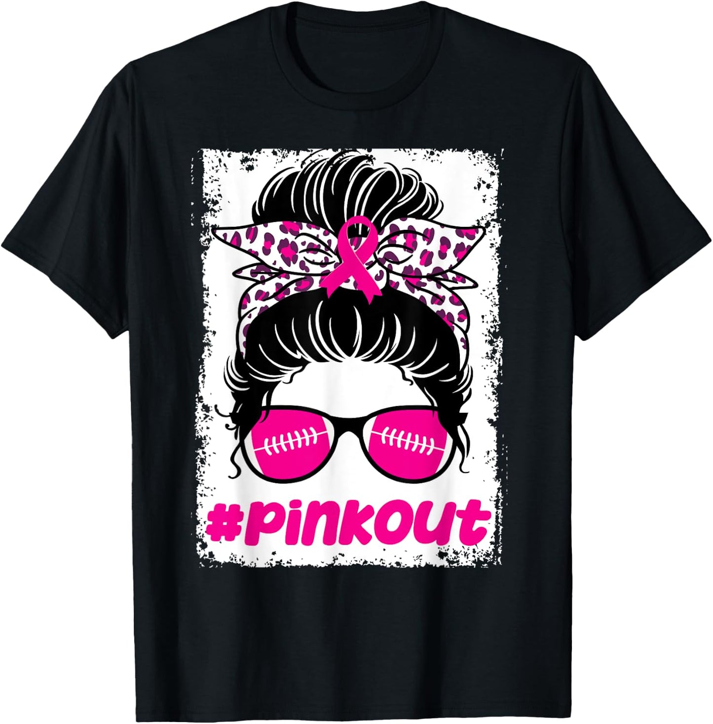 Pink Out Ou Breast Cancer Football Messy Bun Cheer Bleached T-Shirt - T-Shirt | Black